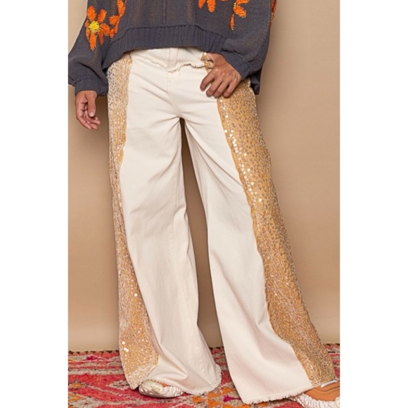 POL Floral Sequin & Velvet Side Stripe Wide Leg Jeans - Picture 12 of 15